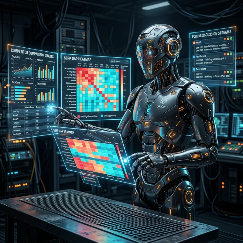 Competitor & Gap Analyst AI Agent analyzing competitor SERP heatmaps and forum sentiment