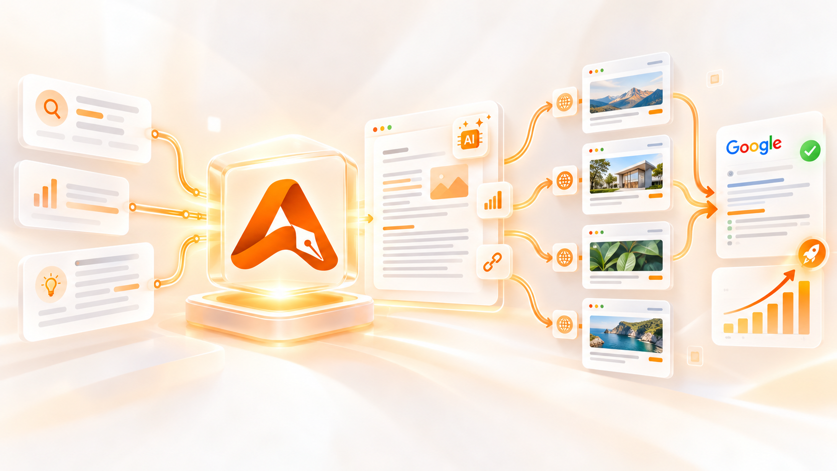 AI content creation workflow connecting research, article writing, website publishing, and search visibility