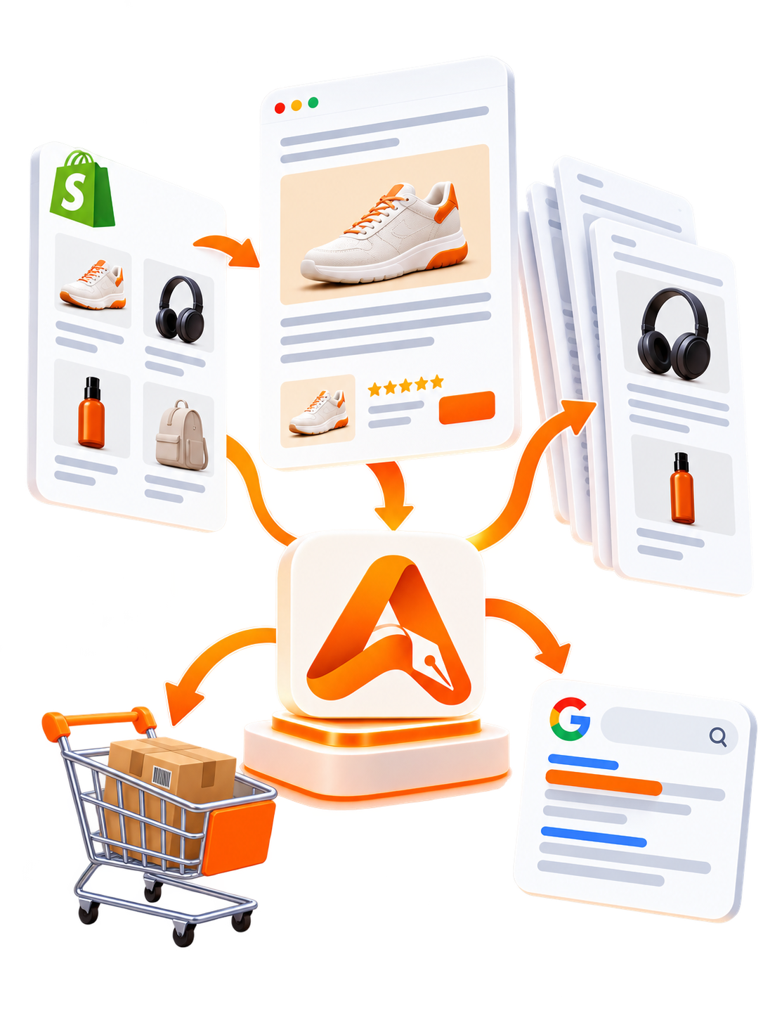3D illustration showing AI content generation connecting Shopify product catalogs to bulk optimized listings, Google search rankings, and sales