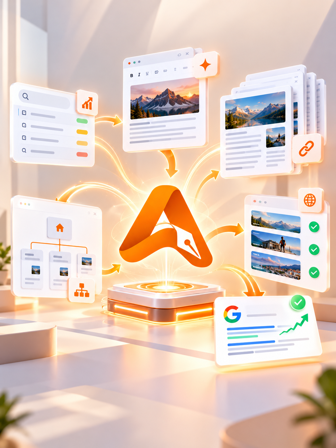 AI SEO automation workflow hub connecting keyword research, article drafting, bulk linking, direct CMS publishing, and search indexing