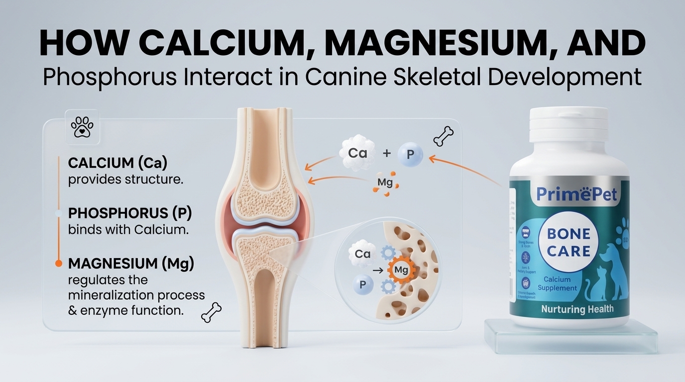 Process breakdown diagram explaining How Calcium, Magnesium, and Phosphorus Interact in Canine Skeletal Development in relation to pet health terms glossary