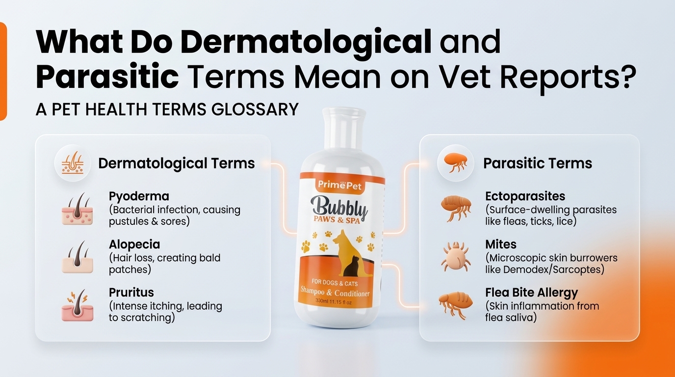 Detailed conceptual illustration explaining What Do Dermatological and Parasitic Terms Mean on Vet Reports? in relation to pet health terms glossary