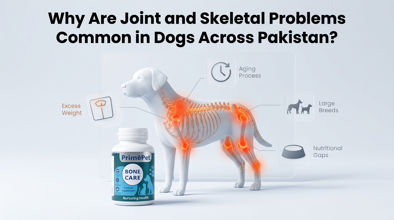 Infographic visual diagram explaining Why Are Joint and Skeletal Problems Common in Dogs Across Pakistan? in relation to pet joint health supplements pakistan