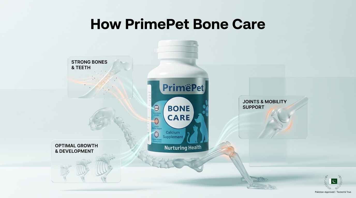 Infographic visual diagram explaining How PrimePet Bone Care Supports Complete Skeletal Integrity in relation to pet joint health supplements pakistan