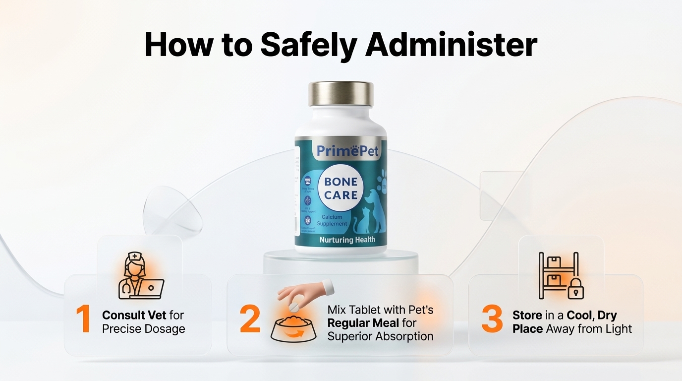 Infographic visual diagram explaining How to Safely Administer Bone and Joint Supplements for Optimal Absorption in relation to pet joint health supplements pakistan