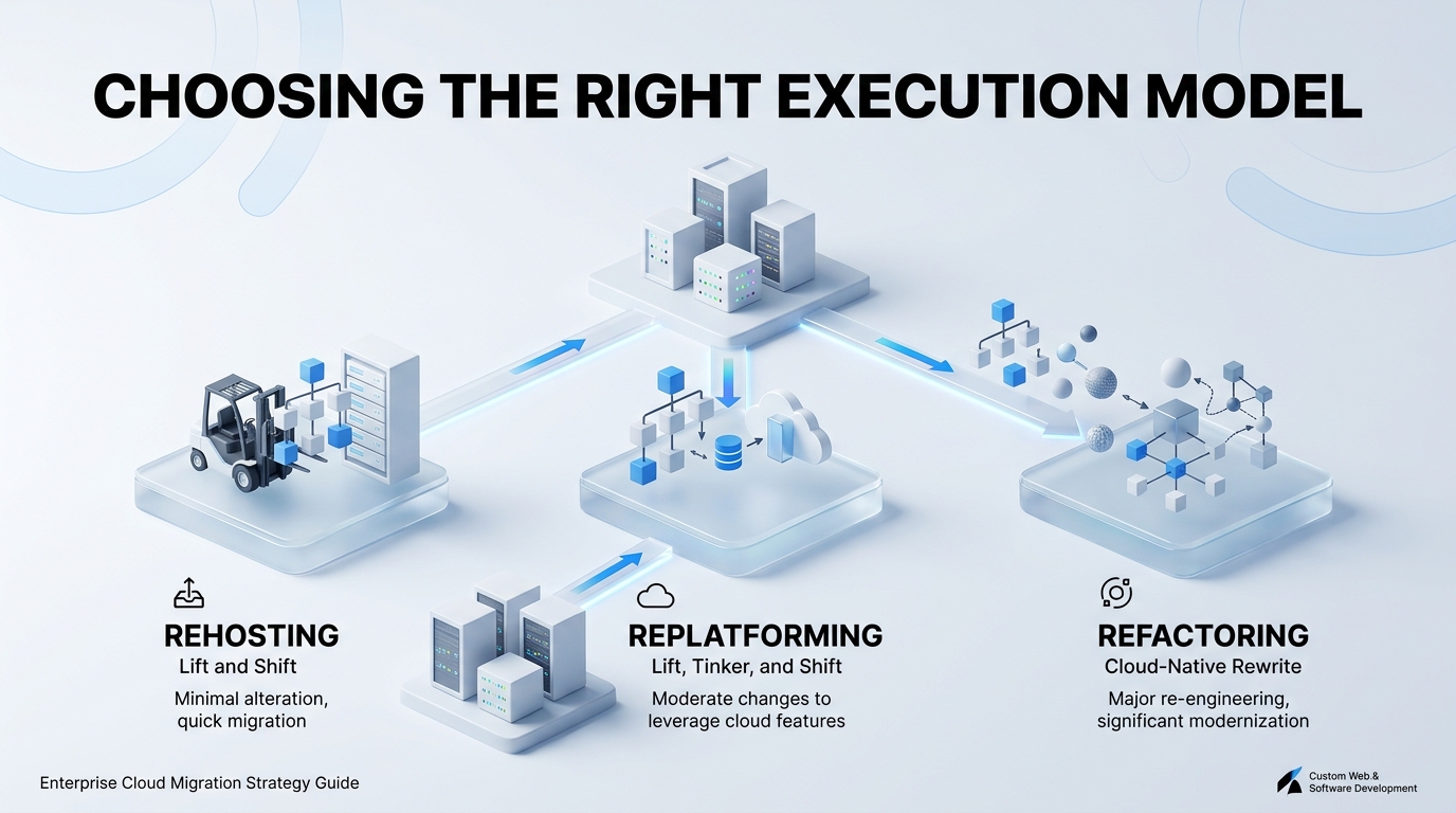 Infographic visual diagram explaining Choosing the Right Execution Model: Rehosting, Refactoring, or Replatforming? in relation to enterprise cloud migration strategy guide