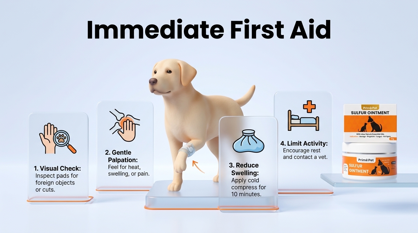 Process breakdown diagram explaining Immediate First Aid: What to Do When Your Dog Starts Limping in relation to why is my dog limping pakistan
