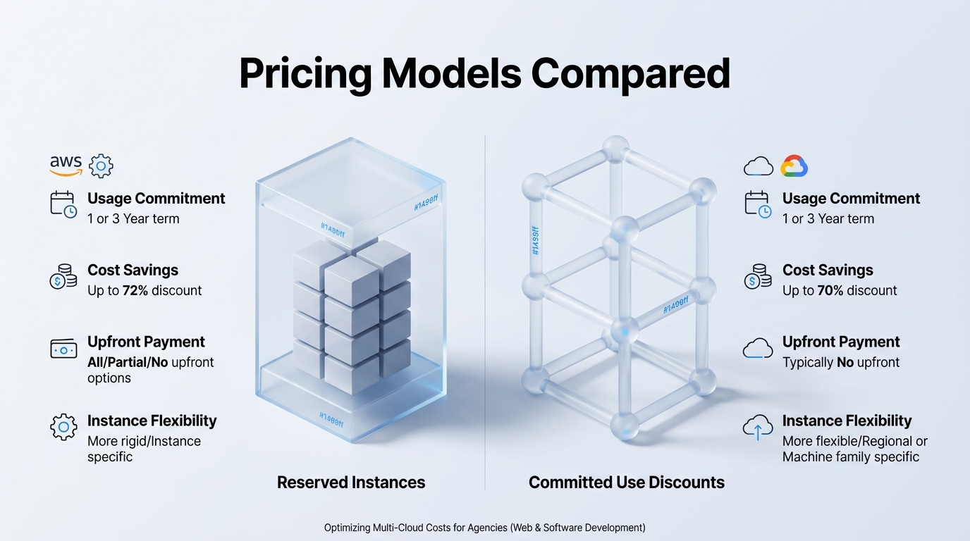 Comparison chart illustration explaining Pricing Models Compared: Reserved Instances vs Committed Use Discounts in relation to gcp vs aws multi cloud cost