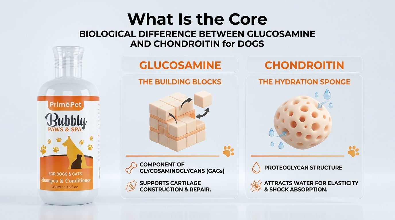 Comparison chart illustration explaining What Is the Core Biological Difference Between Glucosamine and Chondroitin? in relation to glucosamine vs chondroitin for dogs