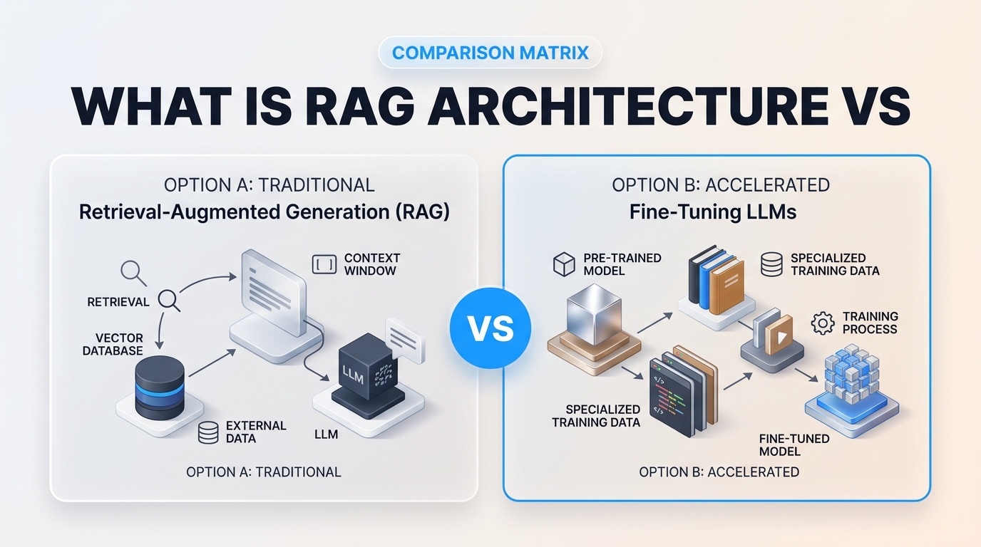 Comparison chart illustration explaining What Is RAG Architecture vs Fine Tuning LLMs in Practice?