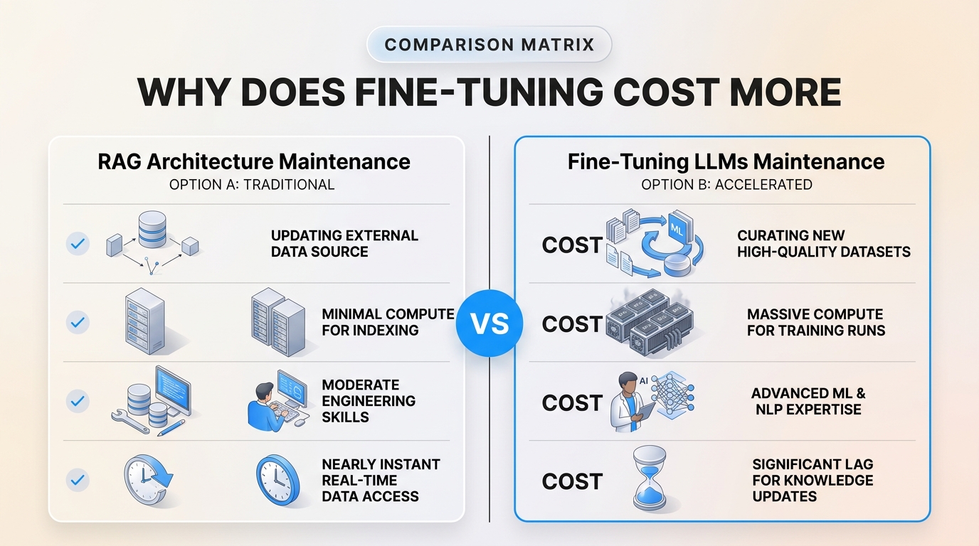 Comparison chart illustration explaining Why Does Fine-Tuning Cost More Than RAG to Maintain? in relation to rag architecture vs fine tuning llms