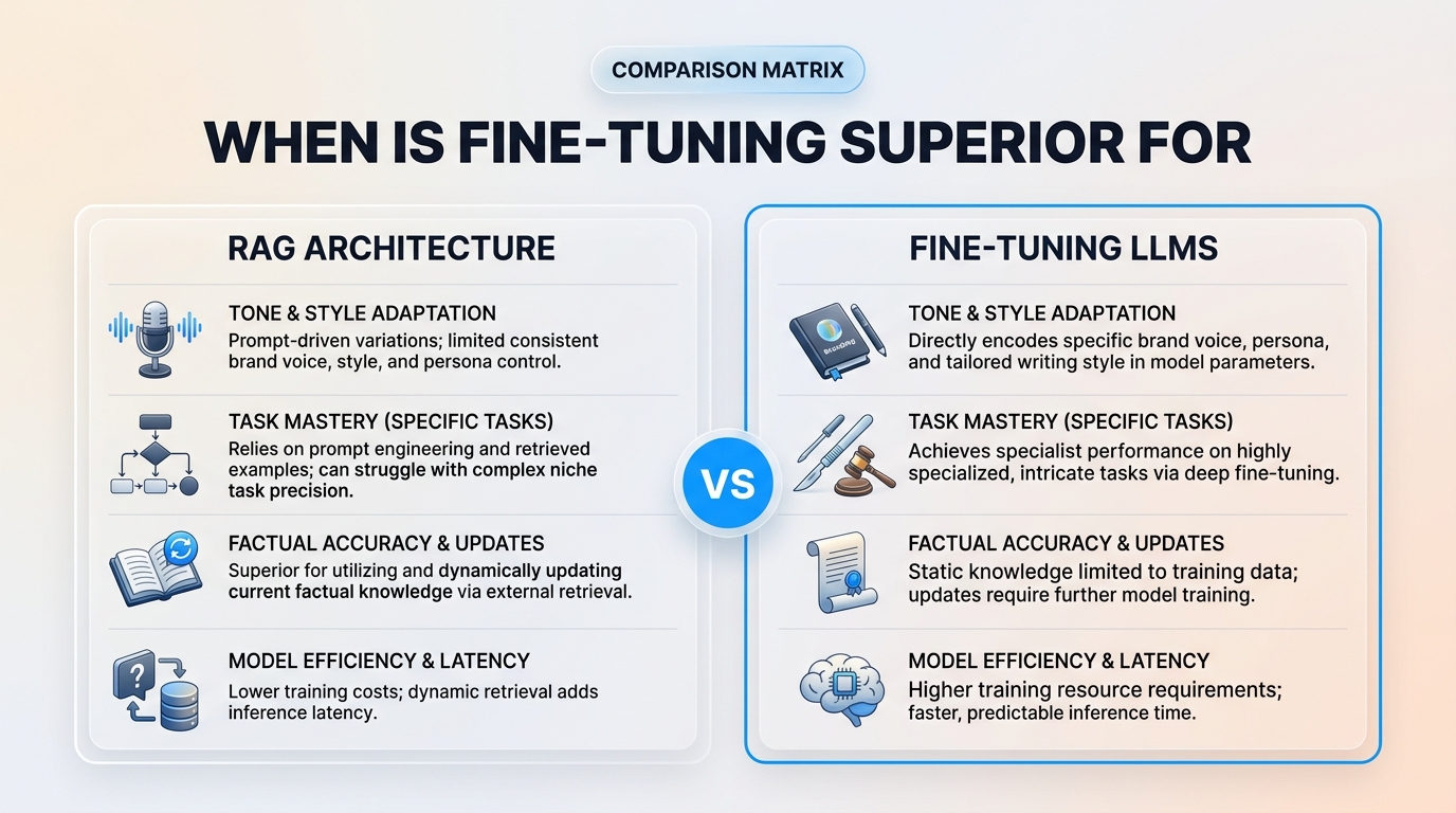 Comparison chart illustration explaining When Is Fine-Tuning Superior for Tone, Style, and Task Mastery? in relation to rag architecture vs fine tuning llms