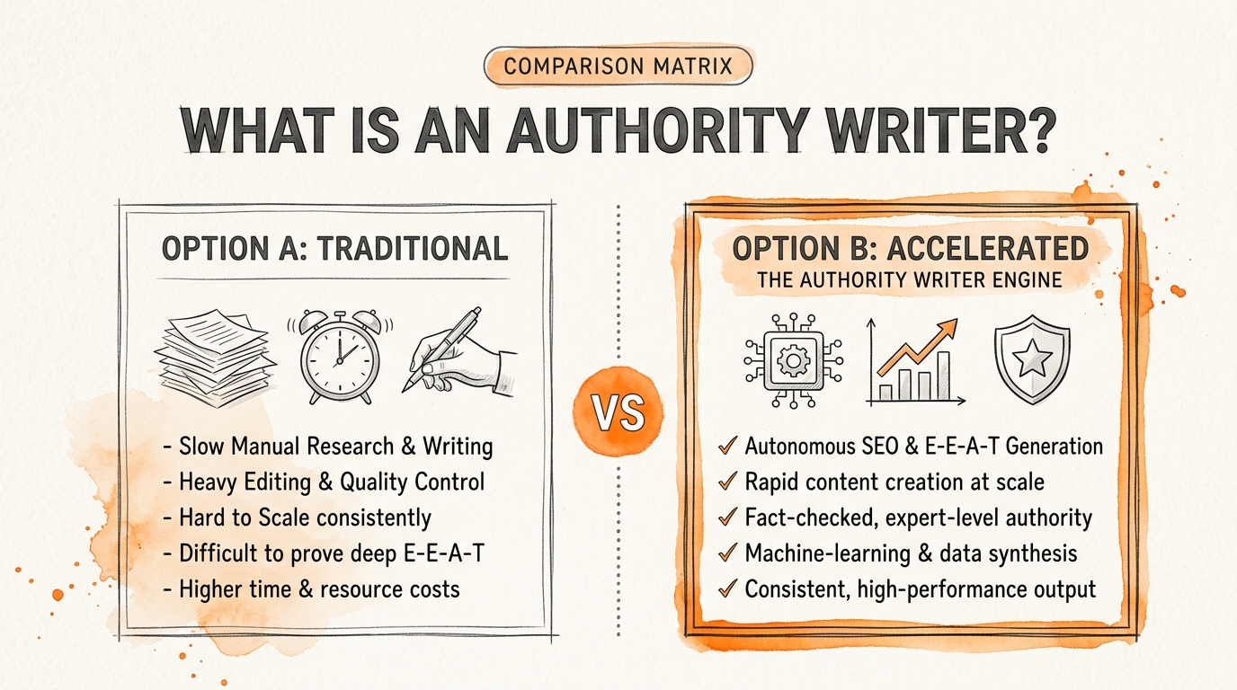 Comparison chart illustration explaining What Is an Authority Writer Engine and How Does It Redefine E-E-A-T?