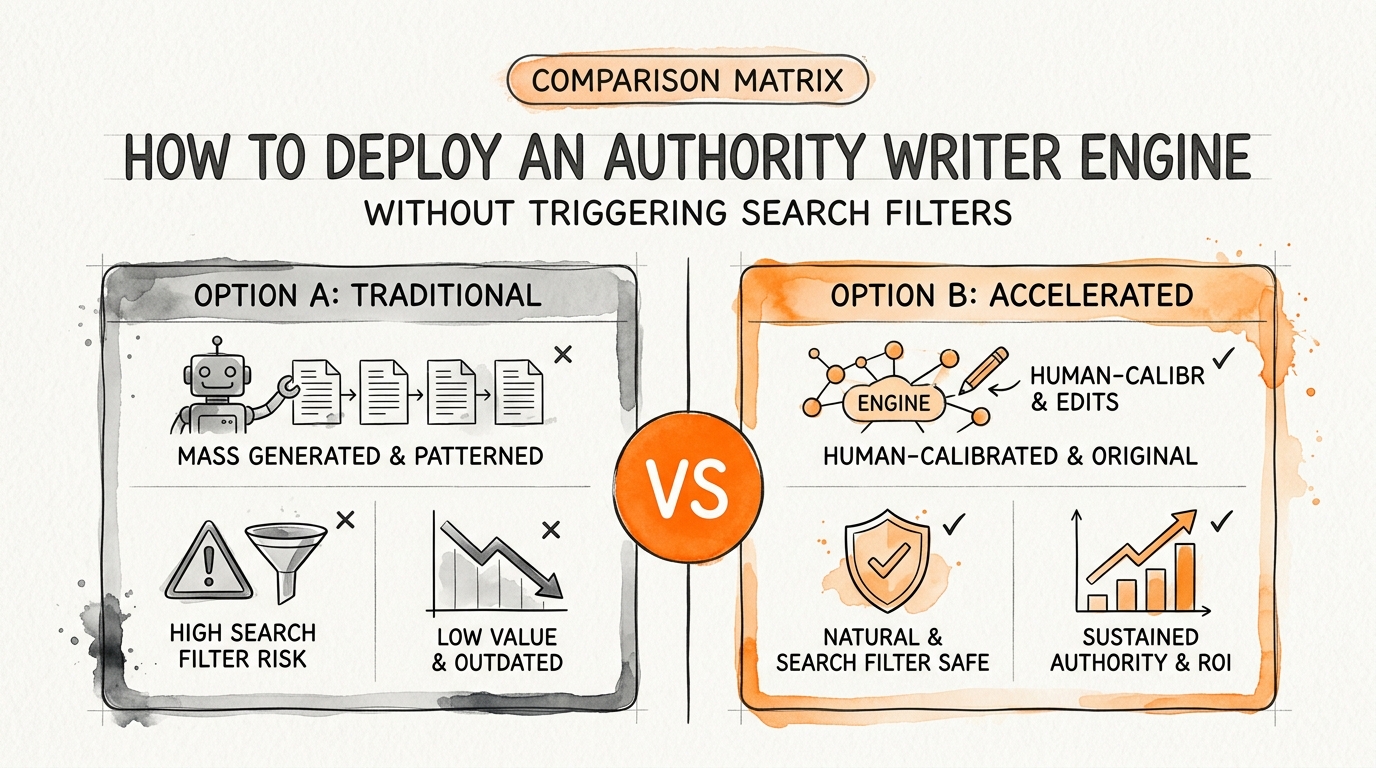 Comparison chart illustration explaining How to Deploy an Authority Writer Engine Without Triggering Search Filters