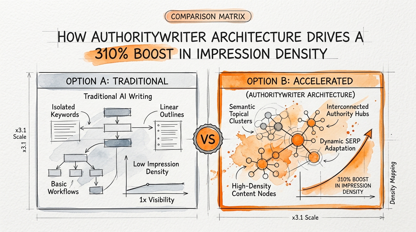 Comparison chart illustration explaining How AuthorityWriter Architecture Drives a 310% Boost in Impression Density in relation to Authority Writer