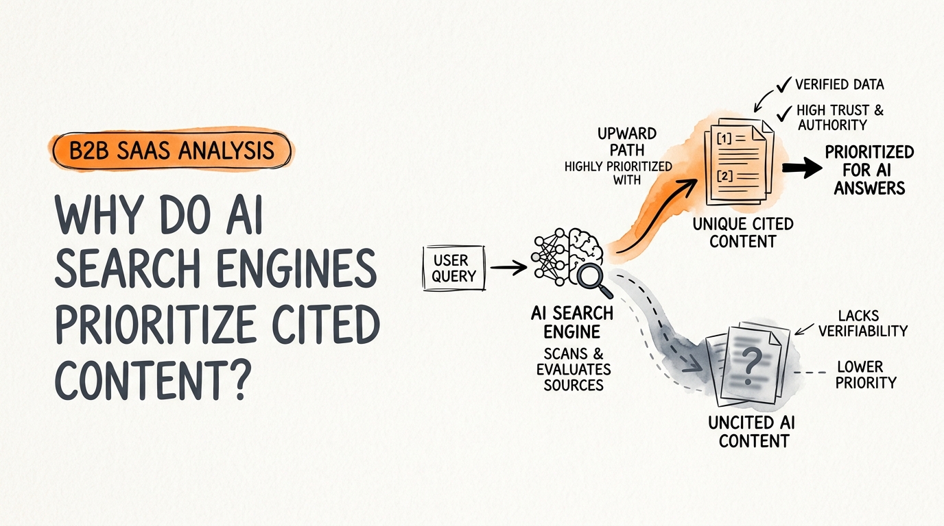 Process breakdown diagram explaining Why Do AI Search Engines Prioritize Cited Content? in relation to add unique citations to ai content