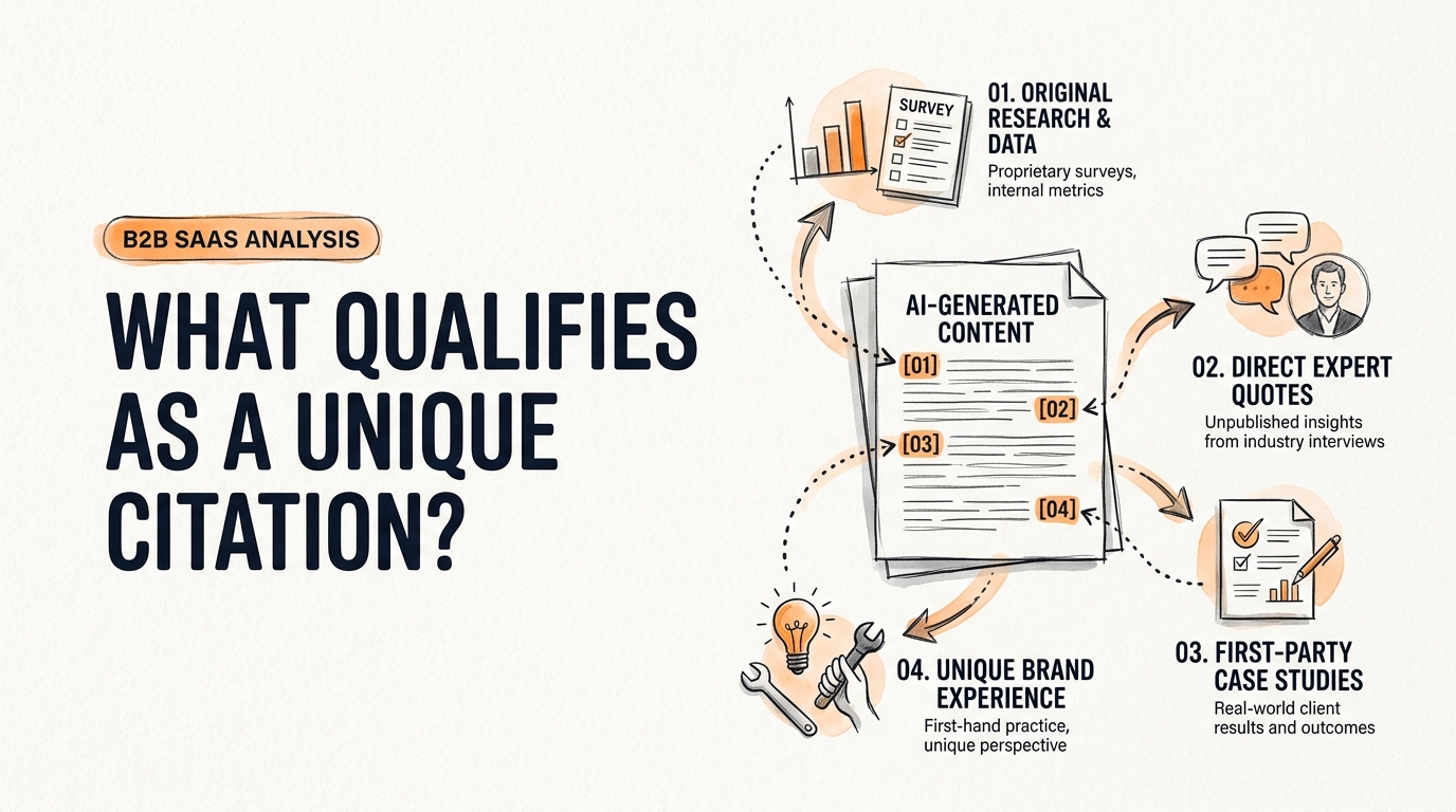 Process breakdown diagram explaining What Qualifies as a Unique Citation in Generative Writing? in relation to add unique citations to ai content