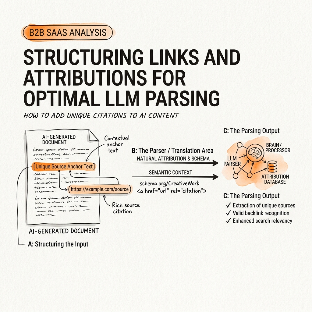 Process breakdown diagram explaining Structuring Links and Attributions for Optimal LLM Parsing in relation to add unique citations to ai content