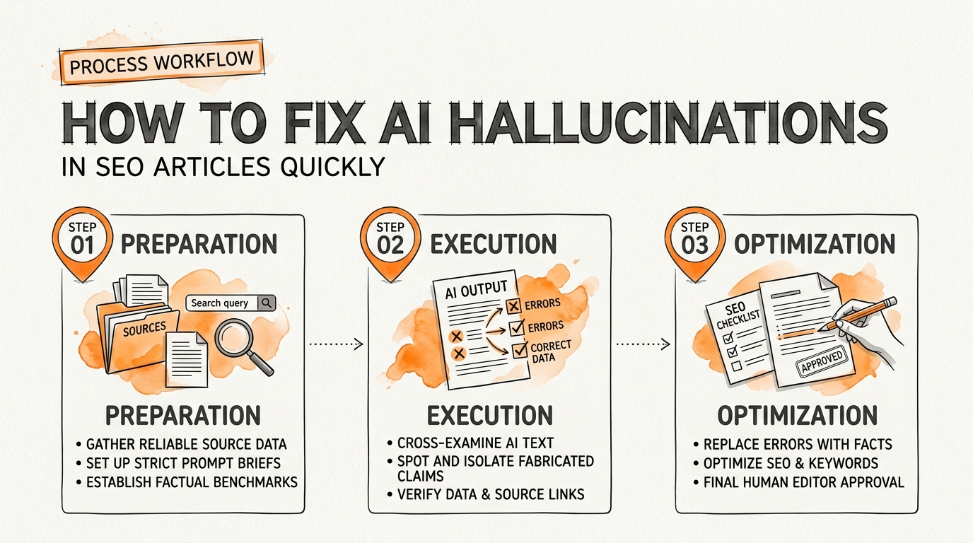 Process breakdown diagram explaining How to Fix AI Hallucinations in SEO Articles Quickly