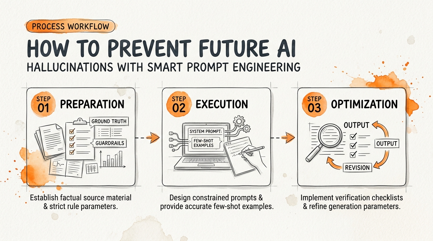 Process breakdown diagram explaining How to Prevent Future AI Hallucinations with Smart Prompt Engineering in relation to fix ai hallucinations in seo articles