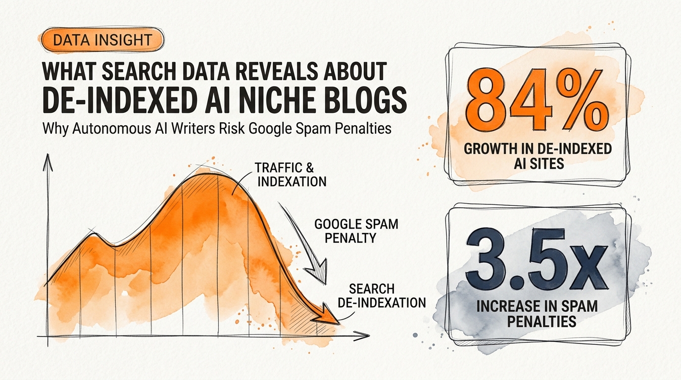 Infographic visual diagram explaining What Search Data Reveals About De-Indexed AI Niche Blogs in relation to autonomous ai writers spam penalties