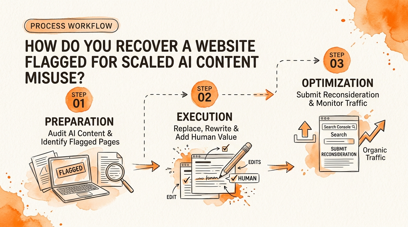 Process breakdown diagram explaining How Do You Recover a Website Flagged for Scaled AI Content Misuse? in relation to autonomous ai writers spam penalties