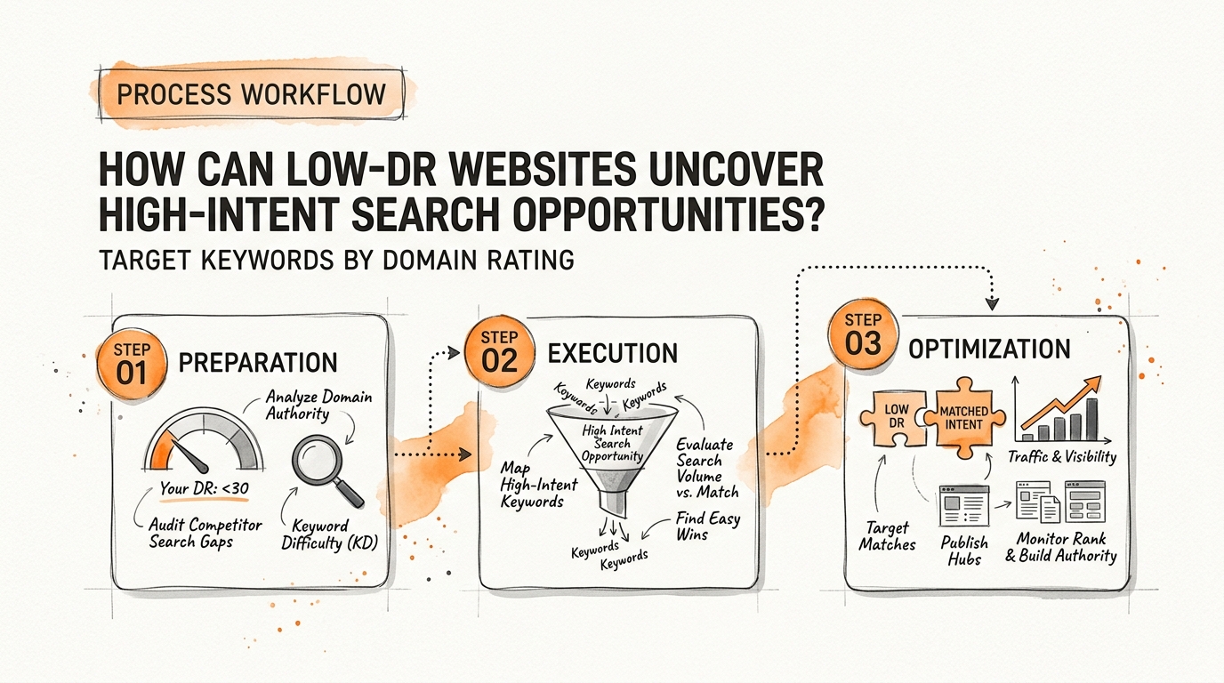 Process breakdown diagram explaining How Can Low-DR Websites Uncover High-Intent Search Opportunities? in relation to target keywords by domain rating