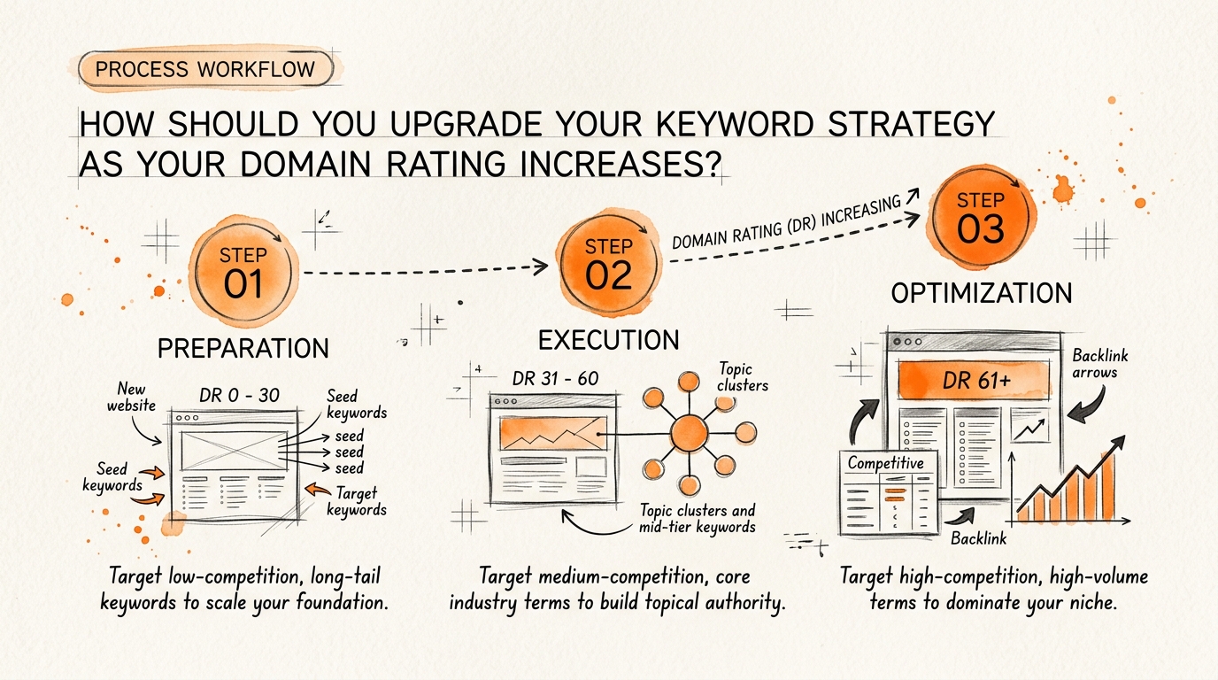 Process breakdown diagram explaining How Should You Upgrade Your Keyword Strategy as Your Domain Rating Increases? in relation to target keywords by domain rating