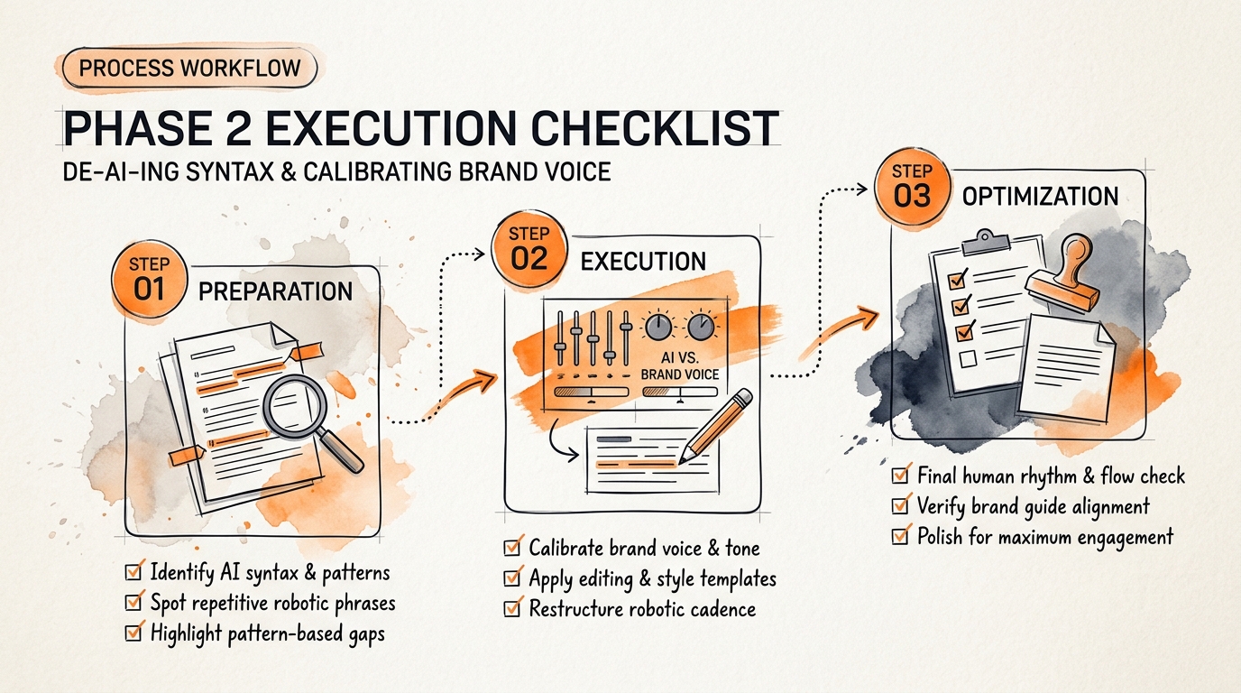 Process breakdown diagram explaining Phase 2 Execution Checklist: De-AI-ing Syntax and Calibrating Brand Voice in relation to ai content editing templates