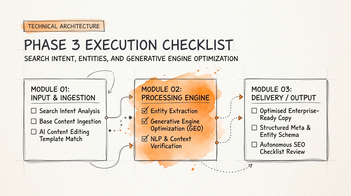 Process breakdown diagram explaining Phase 3 Execution Checklist: Search Intent, Entities, and Generative Engine Optimization in relation to ai content editing templates
