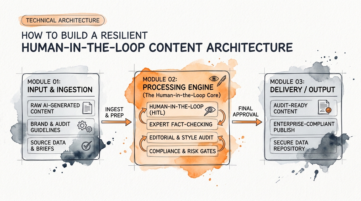 Process breakdown diagram explaining How to Build a Resilient Human-in-the-Loop Content Architecture in relation to automated ai content fails audits