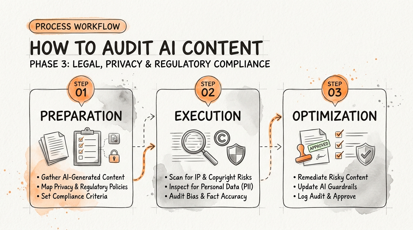Process breakdown diagram explaining Phase 3: How to Audit AI Content for Legal, Privacy, and Regulatory Compliance in relation to enterprise ai content audit checklist