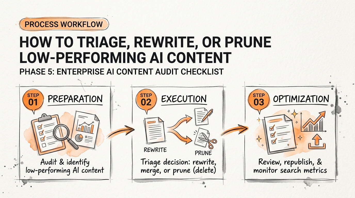 Process breakdown diagram explaining Phase 5: How to Triage, Rewrite, or Prune Low-Performing AI Content in relation to enterprise ai content audit checklist