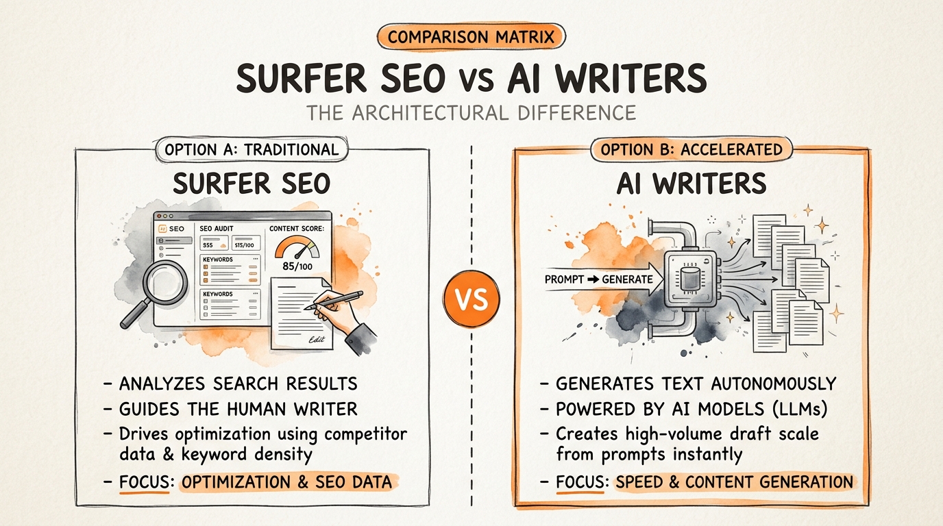 Infographic visual diagram explaining Surfer SEO vs AI Writers: What Is the Fundamental Difference in Architecture?