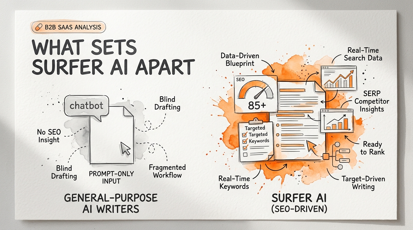 Infographic visual diagram explaining What Sets Surfer AI Apart from General-Purpose Drafting Platforms? in relation to surfer seo vs ai writers