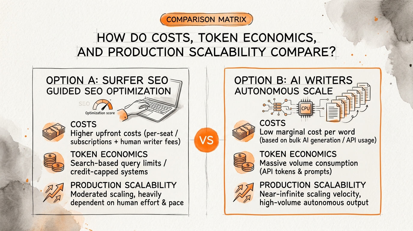 Infographic visual diagram explaining How Do Costs, Token Economics, and Production Scalability Compare? in relation to surfer seo vs ai writers