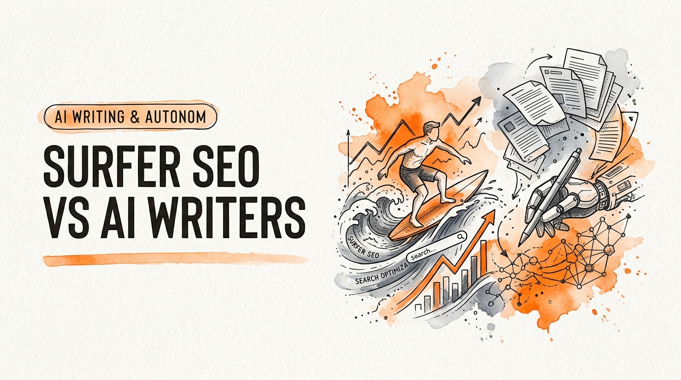 Conceptual schematic sketch demonstrating Surfer SEO vs AI Writers for Scaling Content